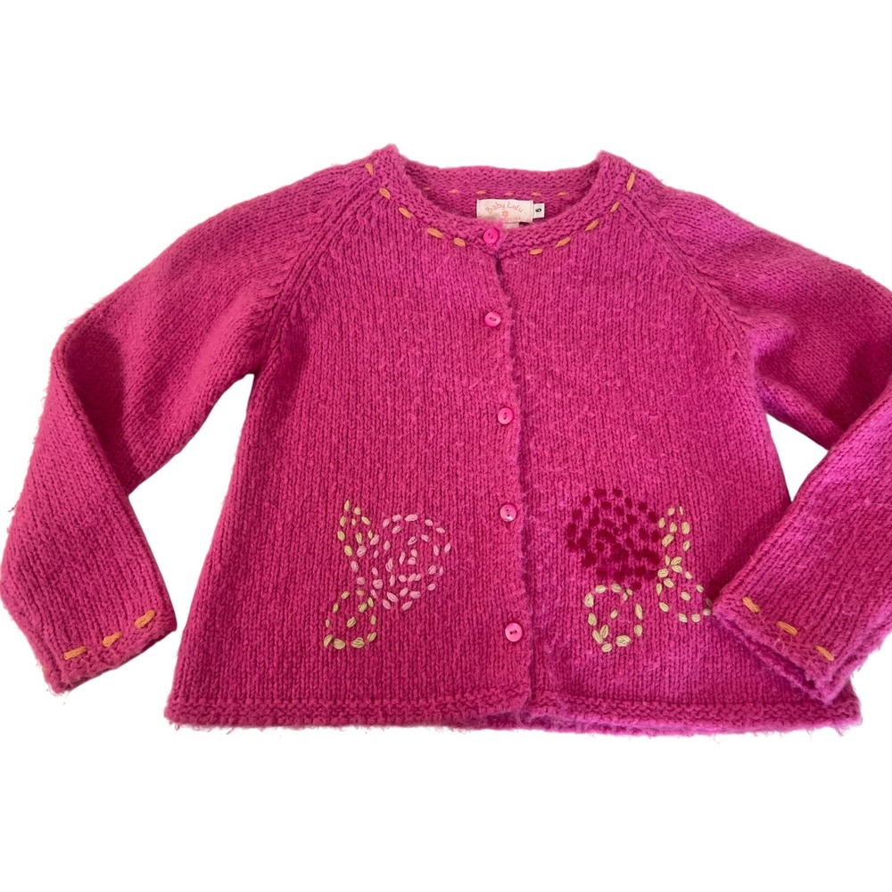 Baby Lulu Girls Knit Cardigan Sweater Fuchsia Pink Floral Embroidered -‎ Size 6